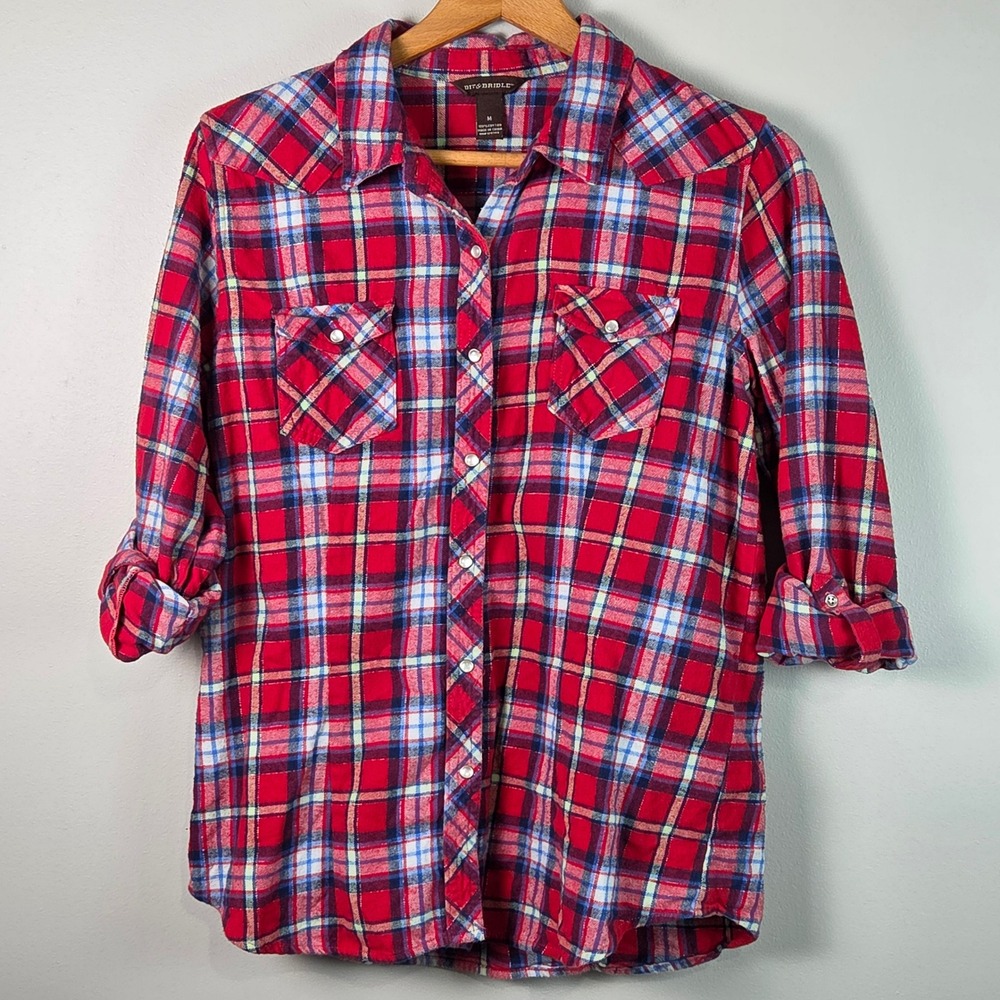 Bit & Bridle Plaid Shirt Women Medium Red Western Roll Tab Cotton Top
